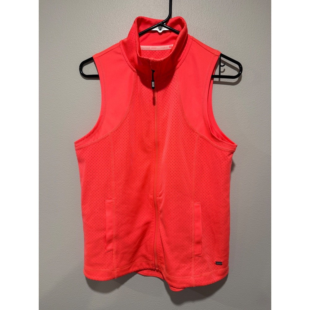 Tommy Hilfiger Sport Womens Neon Coral Perforated Mesh Full Zip Athletic Vest M